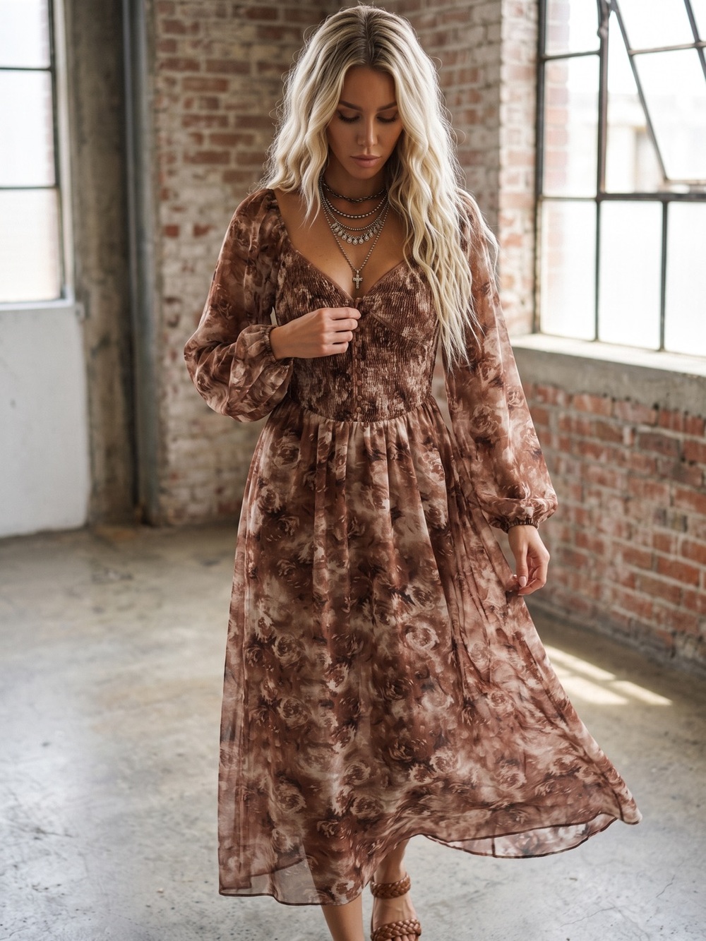 NWT Promesa Sweetheart Smocked Button Boho Floral Midi Maxi Dress - Picture 5 of 8